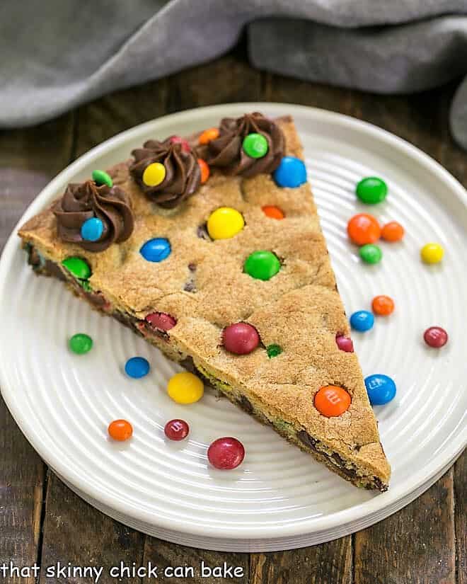 Overhead view of chocolate chip cookie cake.