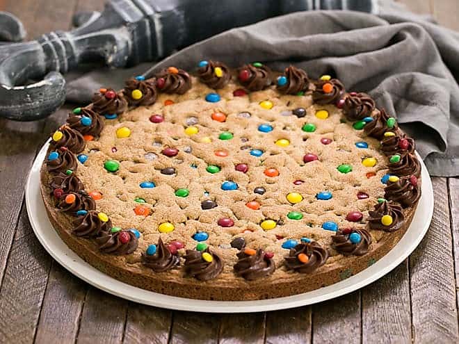 Chocolate Chip Cookie Cake with M&M's - Fun & Festive - That Skinny Chick Can Bake