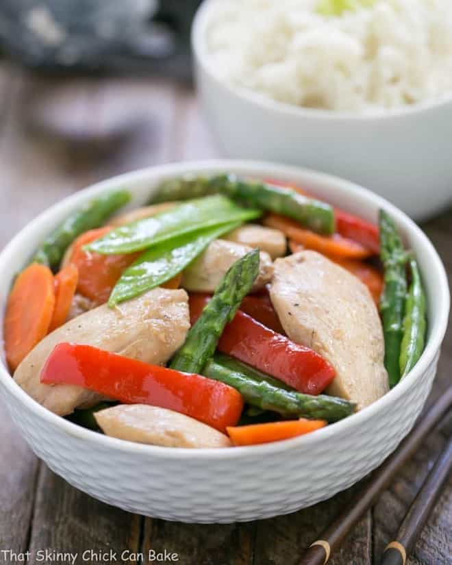 Chicken Stir Fry with Oyster Sauce in a white bowl