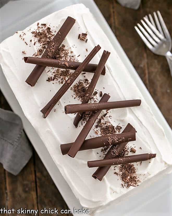 Layered Chocolate Mousse Cake with Ladyfingers overhead view.