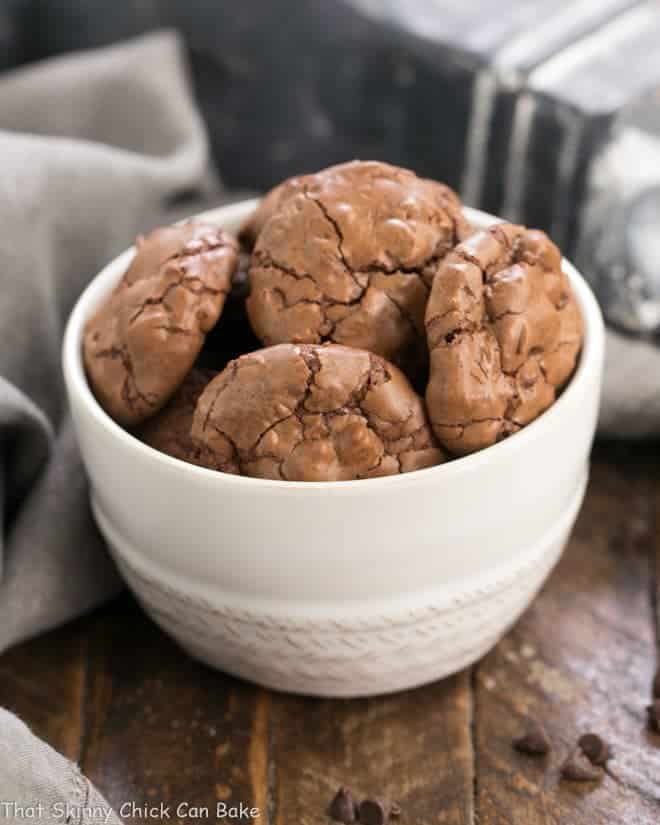 Chocolate Brownie Cookies with Mini Chocolate Chips in a white serving bowl