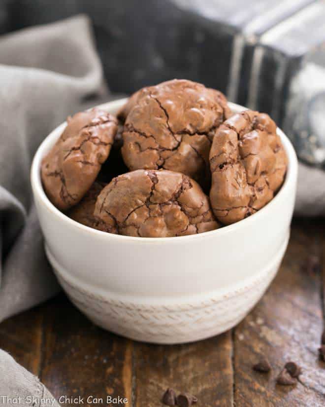 Chocolate Brownie Cookies with Mini Chocolate Chips in a white serving bowl.