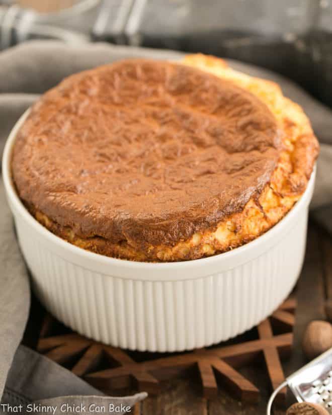 French Gruyere Souffle in a white ceramic souffle dish