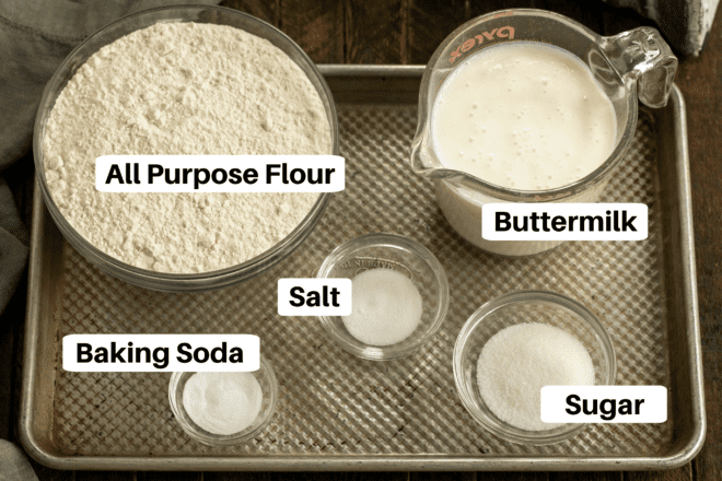 Irish Soda Bread Ingredients on a sheetpan with labels.