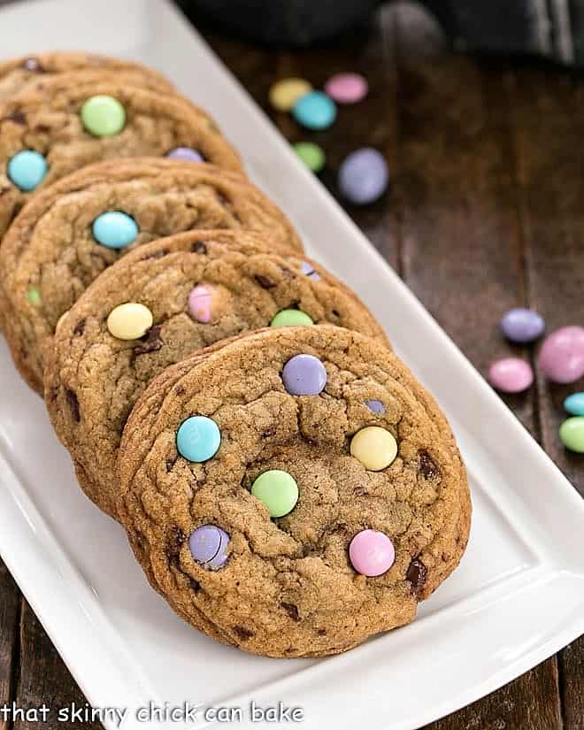 Brown butter cookies speckled with pastel colored Easter M&M's.