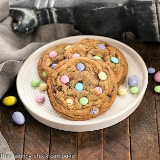 3 brown butter Easter cookies speckled with pastel M&Ms