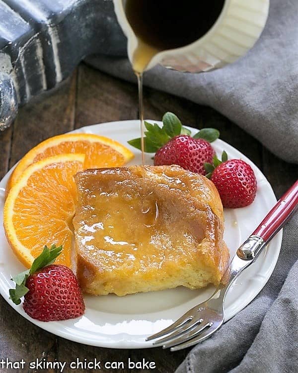 Syrup pouring over a slice of Crème Brûlée French Toast 