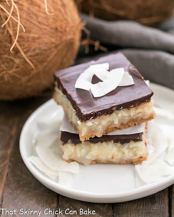 Coconut Mounds Bars - Fabulous coconut bars with a graham cracker crust and ganache topping