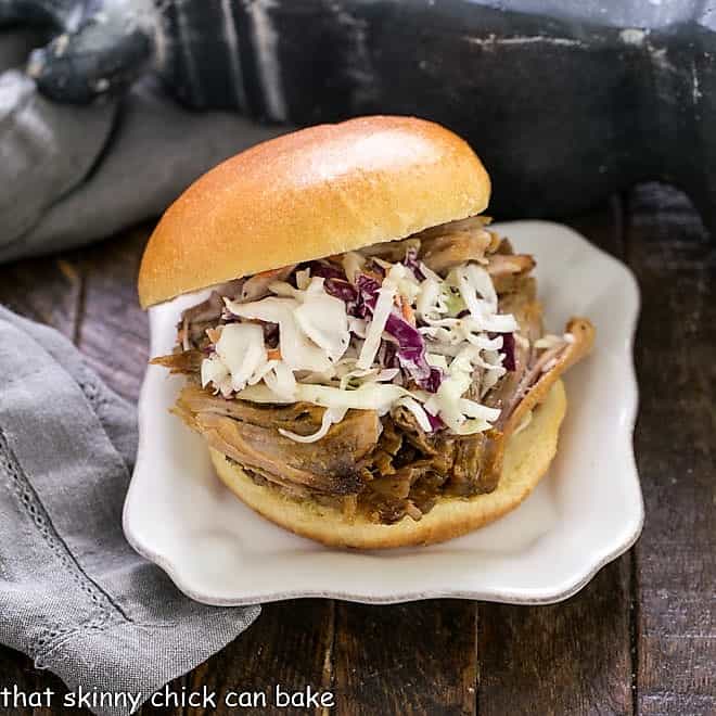 Pulled pork sandwich on a square white plate