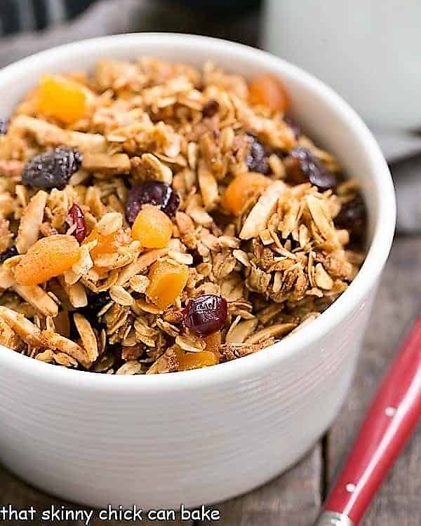 Vanilla Granola with dried fruit in a cereal bowl.