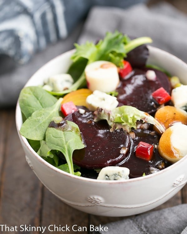 Beet Salad with Blue Cheese and Hearts of Palm in a white salad bowl.