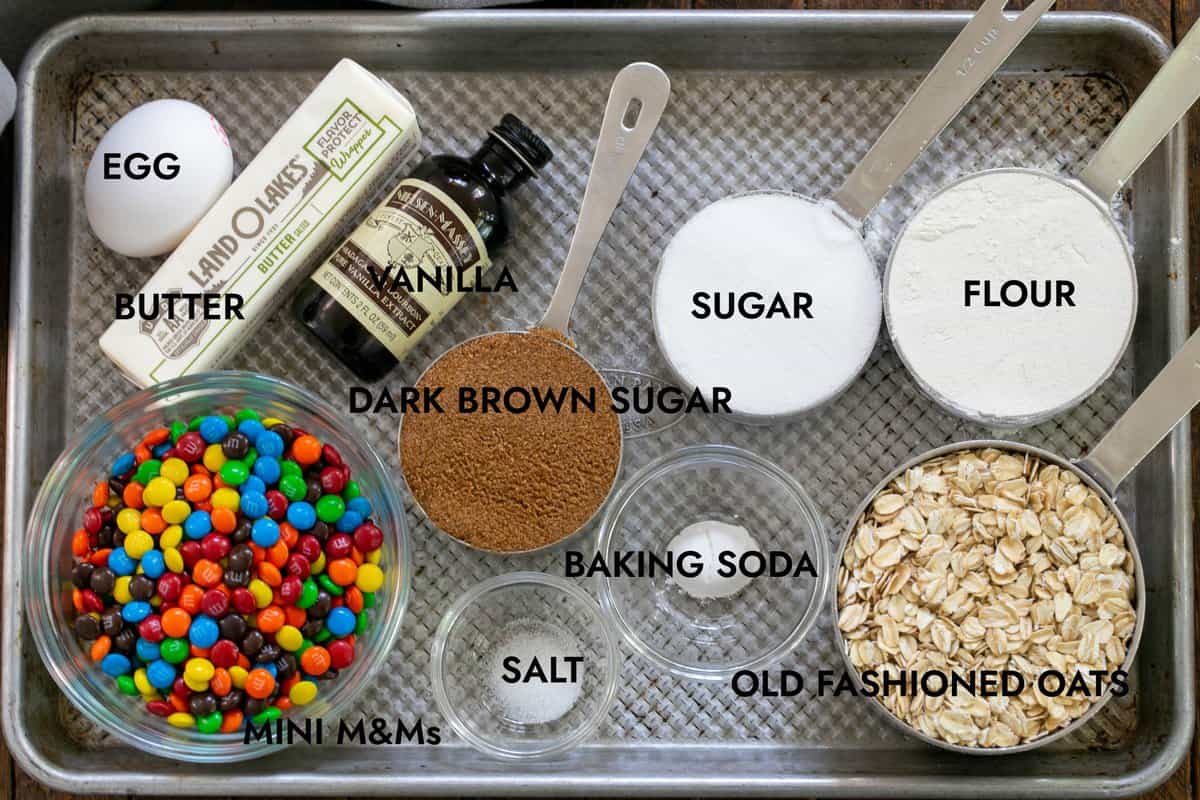 Ingredients for Oatmeal M & M Cookies  on a sheet pan.