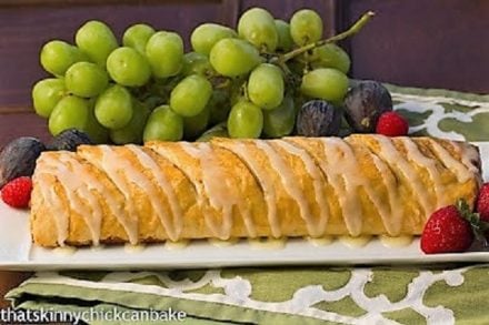 Apple Strudel with White Chocolate Drizzle on a long white platter