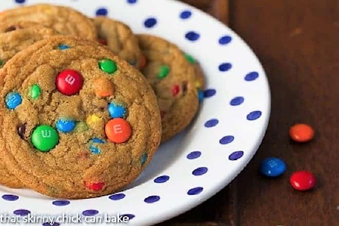 Brown Butter M&M Cookies on a blue and white polka dot plate