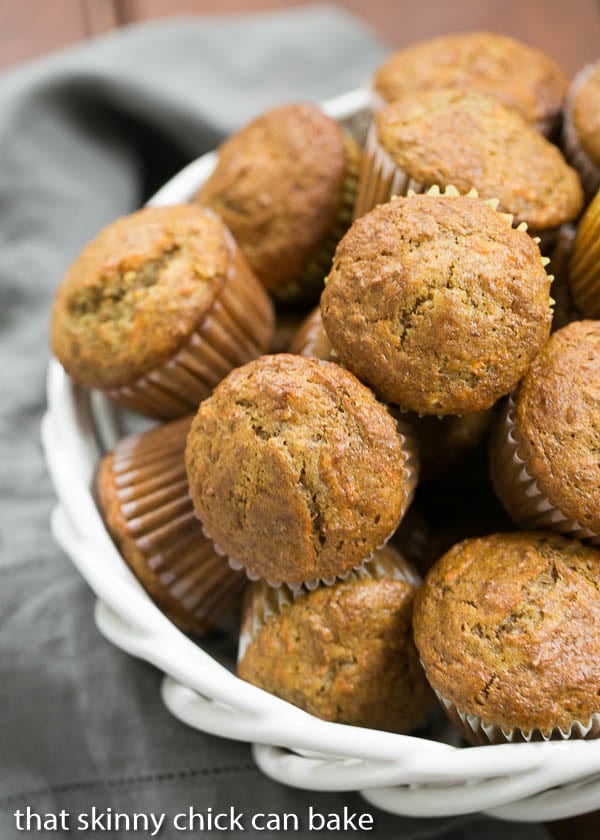 Buttermilk Bran Muffins in a white ceramic basket.