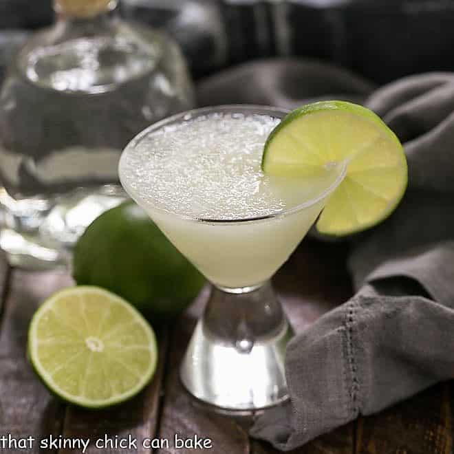 Easy 3-Ingredient Margarita in a small martini glass garnished with lime