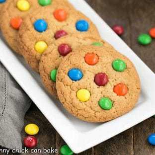 Classic M & M Cookies on a white tray