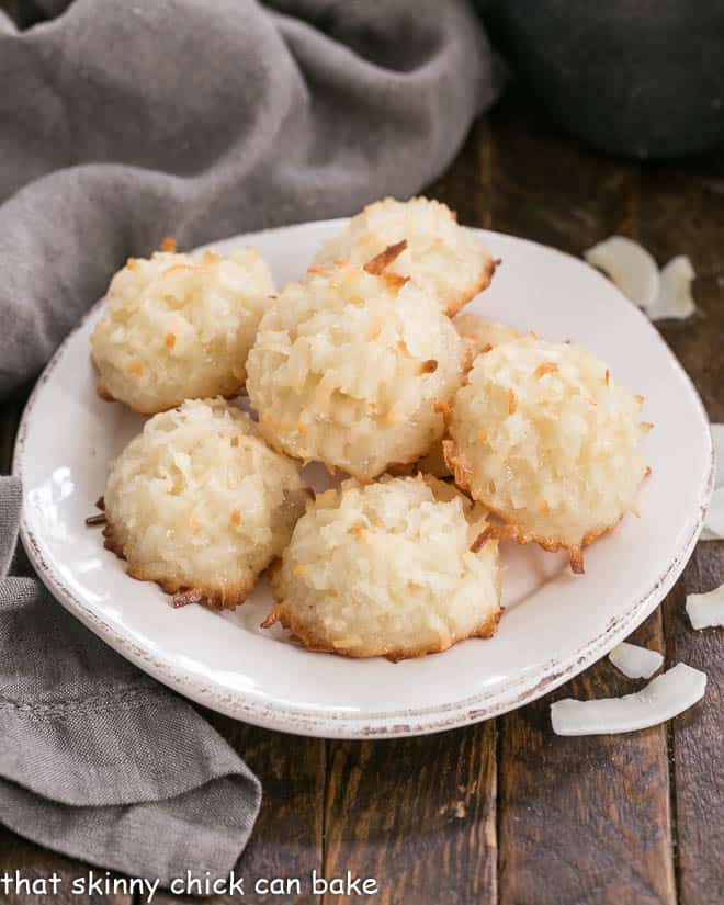 Coconut Macaroons on a round white plate.