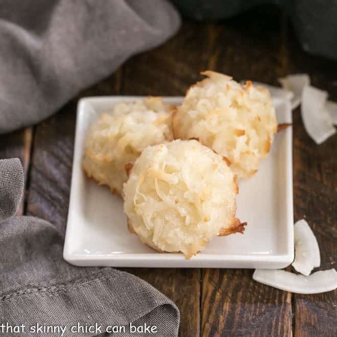 Classic Coconut Macaroons Recipe - The BEST recipe for an old fashioned coconut cookie Coconut Macaroons on a square white plate.