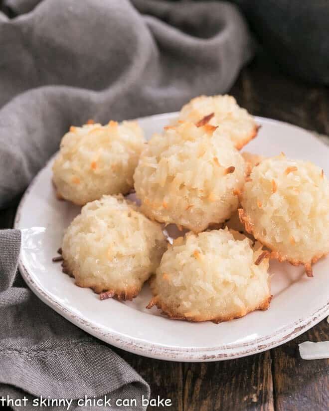 Classic Coconut Macaroons Recipe - The BEST recipe for an old fashioned coconut cookie Classic Macaroon Cookies on a round white plate.