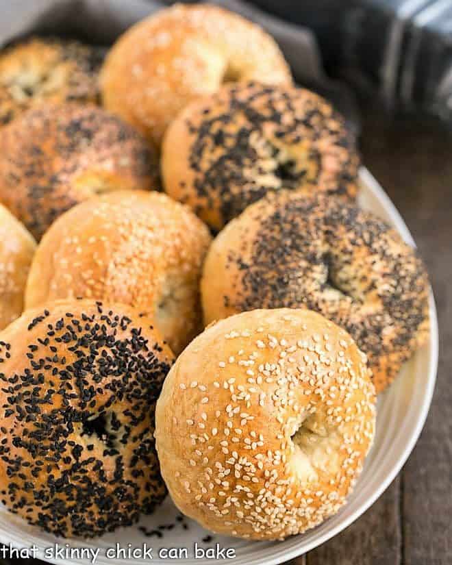 Homemade Bagels on a white oval tray