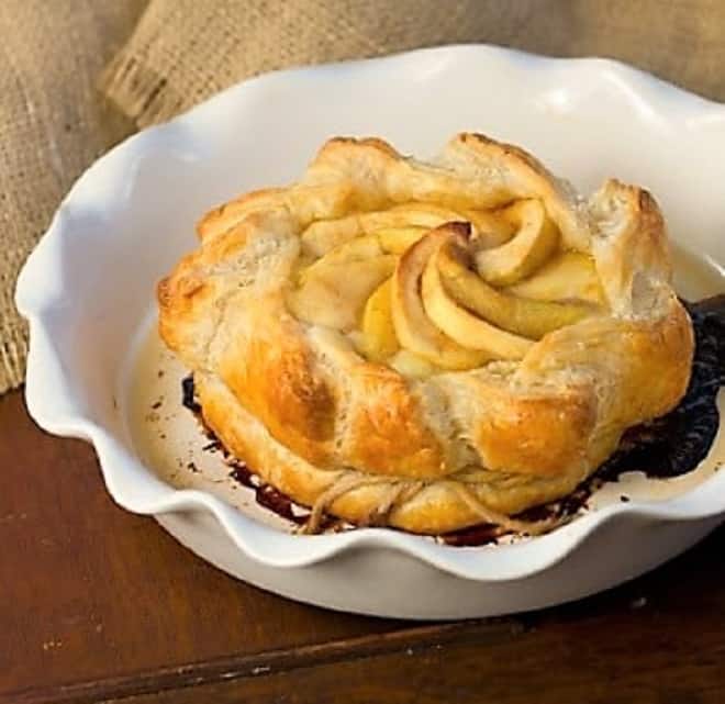 Apple Baked Brie in a white baking dish