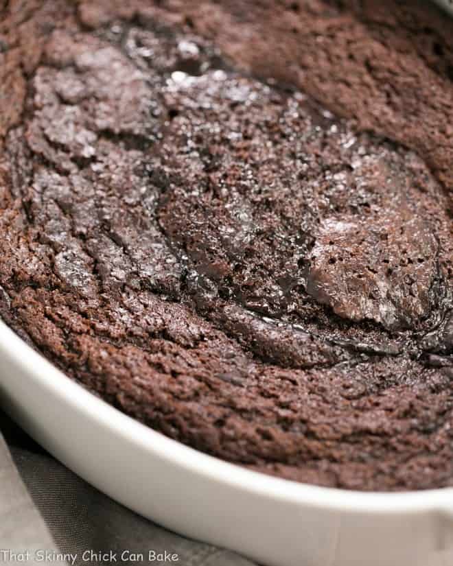 Baked Hot Fudge Pudding Cake in a white oval baking dish.