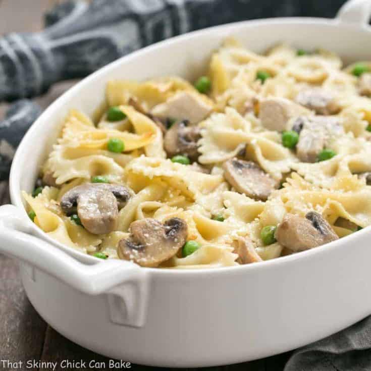 Turkey Tetrazzini - Comfort food with leftover poultry, peas, mushroom and a dreamy cream sauce!