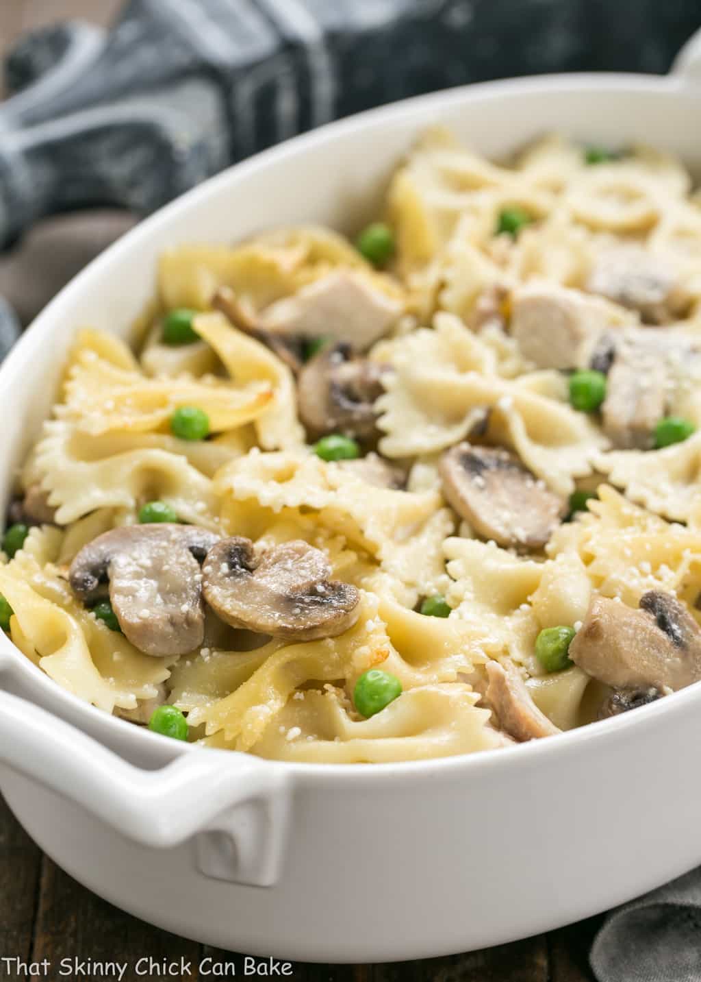 Turkey casserole in an oval casserole dish.