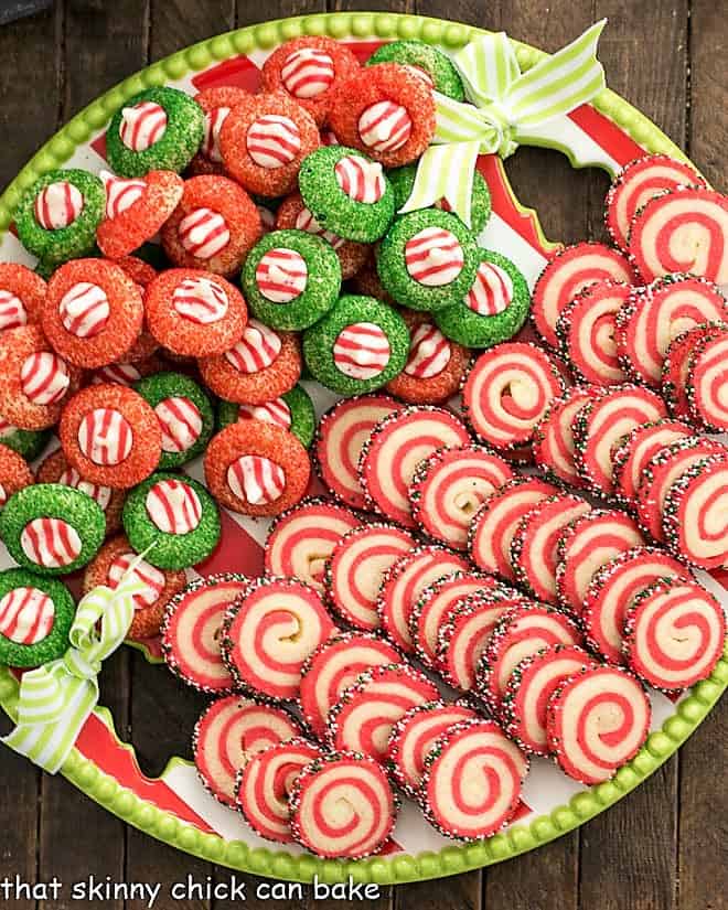 Candy Cane Blossoms on a holiday cookie tray with Pinwheel Cookies.