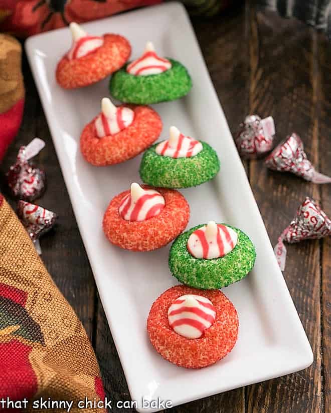 Overhead view of Candy Cane Blossoms on a white ceramic tray.