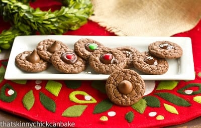 Double Chocolate Thumbprints on a white rectangular tray.