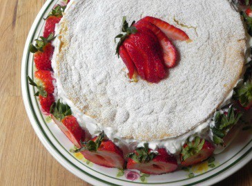 Overhead view of summer strawberry cake