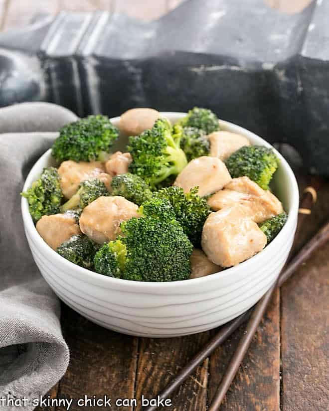 Broccoli chicken in a white bowl