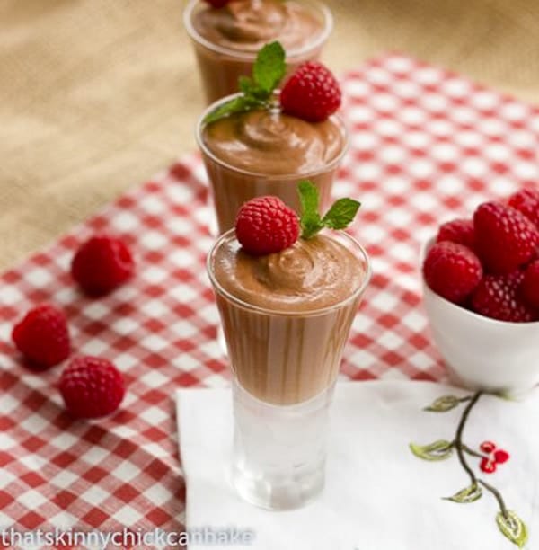 Chocolate Mousse with Grand Marnier in small glasses garnished with raspberries and mint