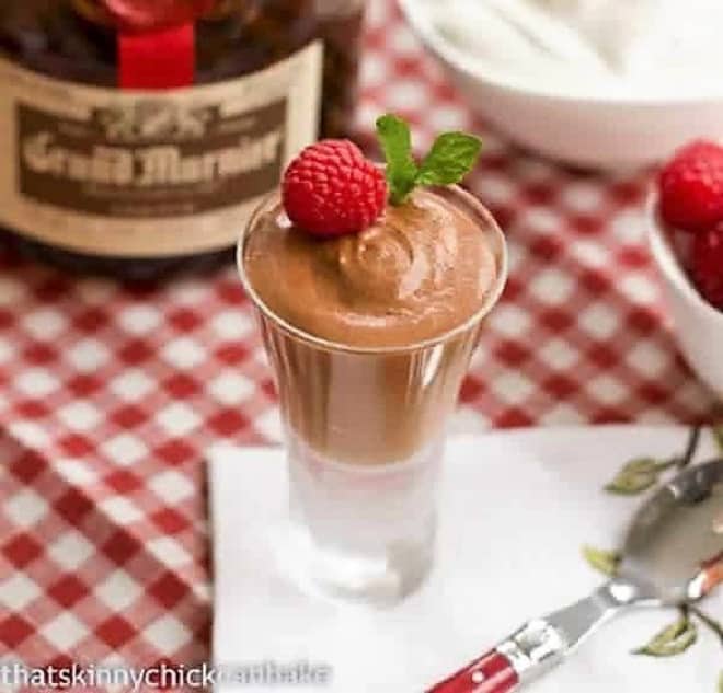 Chocolate Mousse with Grand Marnier in a small cordial glass.