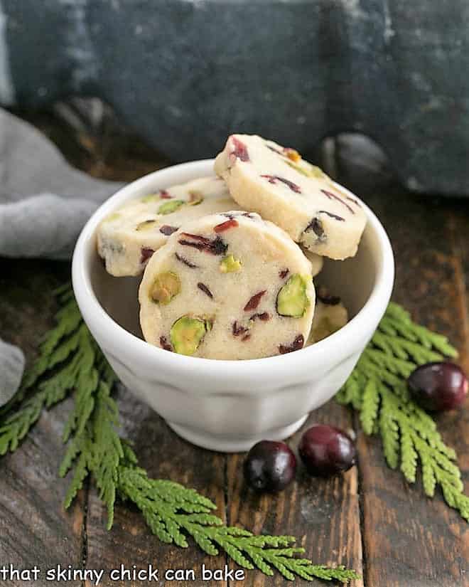 Holiday shortbread in a white bowl.