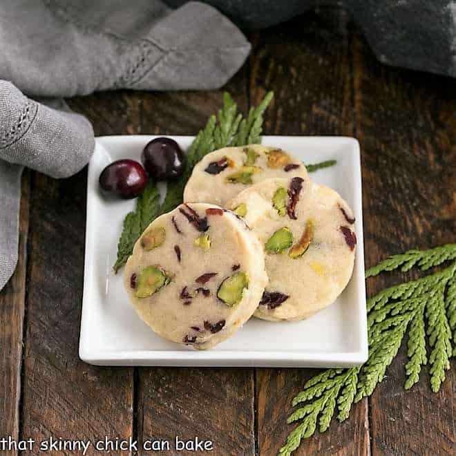 Chocolate Shortbread cookies on a square white plate.