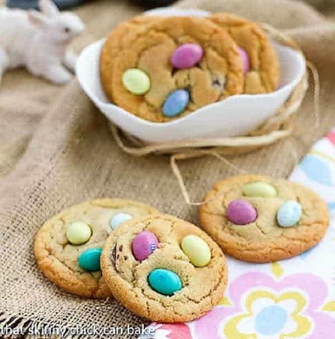 Easter Egg Cookies on a spring floral napkin and in a white bowl