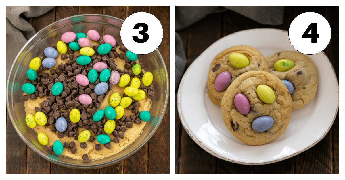 Easter Egg Chocolate Chip Cookie Dough with m&ms and finished cookies.