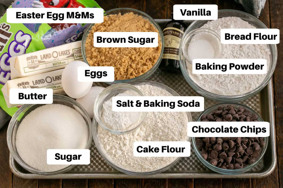 Labeled Ingredients for Easter Egg Cookies on a sheet pan.