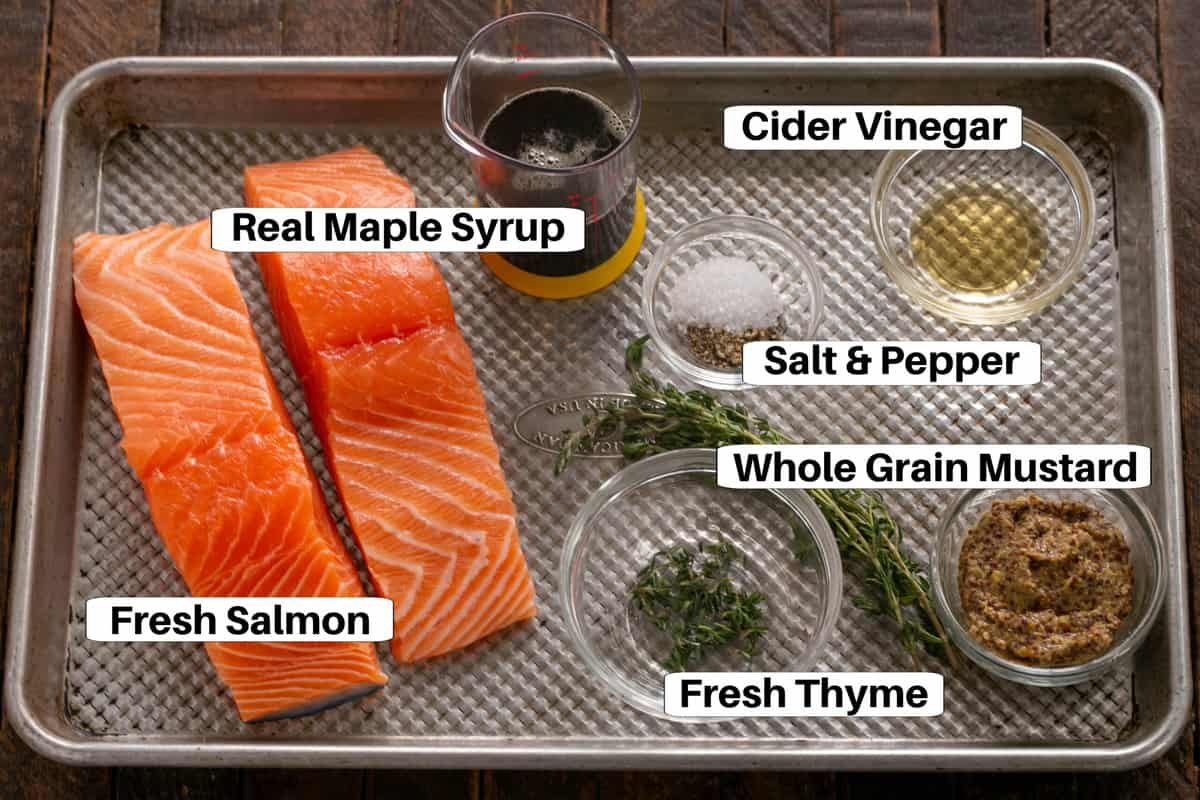 Maple Mustard Salmon Ingredients with labels on a sheetpan.