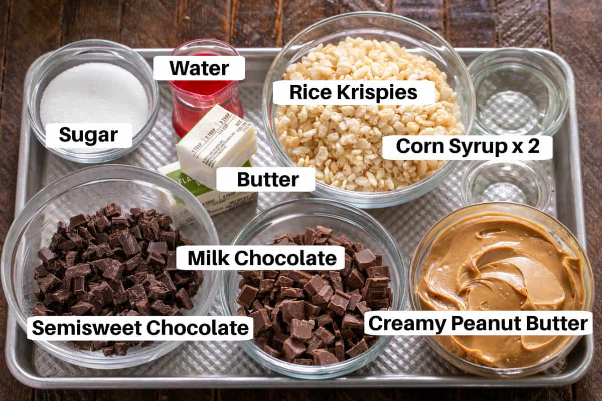 PB Rice Krispie Treats Ingredients with labels on a metal sheet pan.