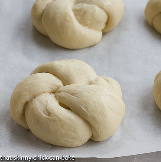Yeast Roll Knots before baking on a baking sheet