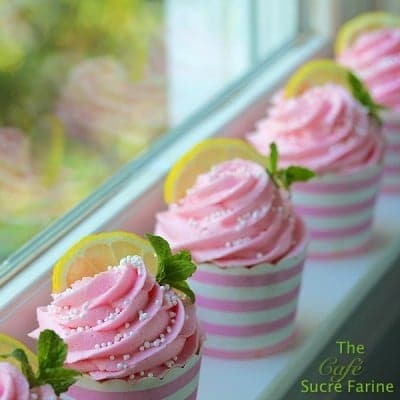 Pink Lemonade Cupcakes lined up on a window sill