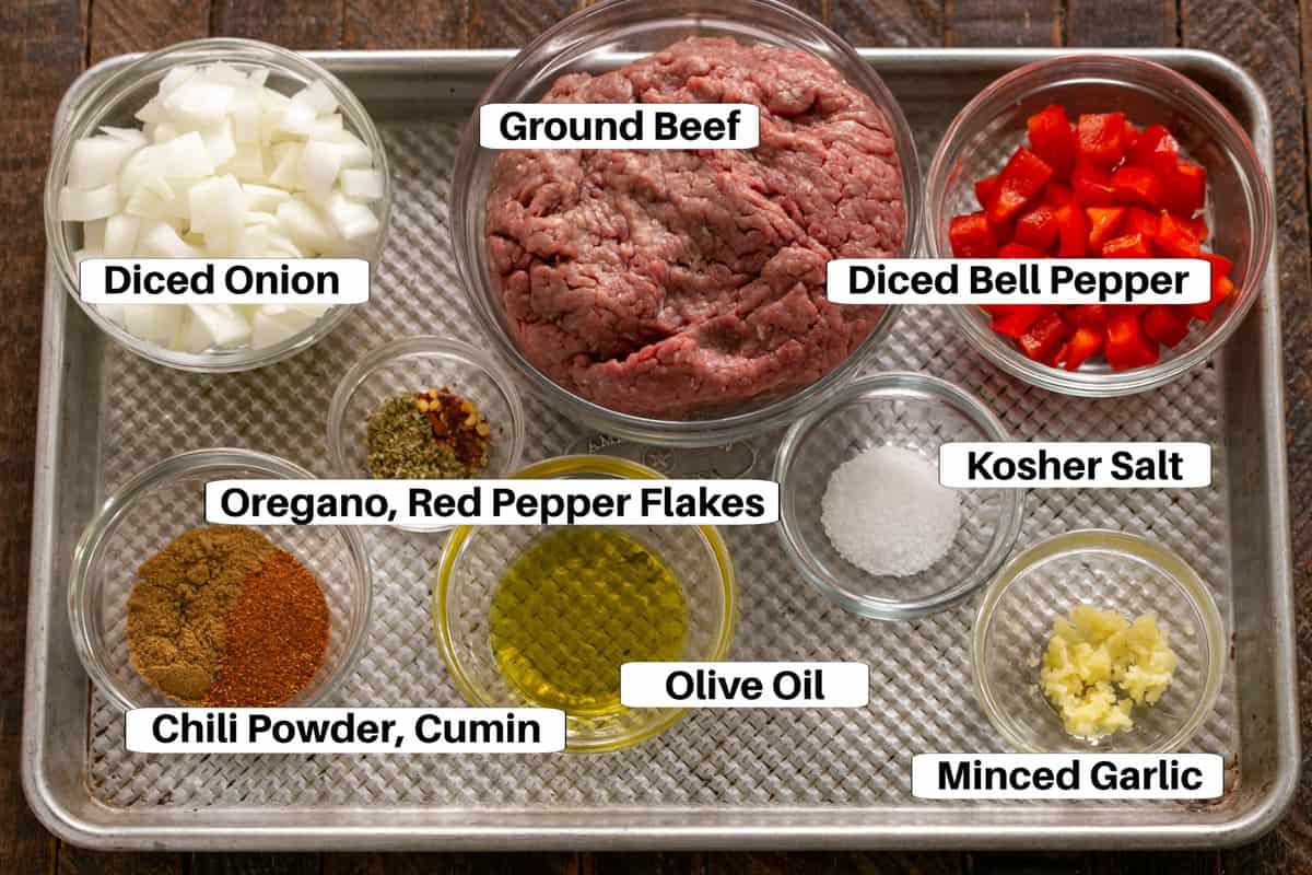 Soft Shell Tacos Ingredients on a sheet pan with labels.