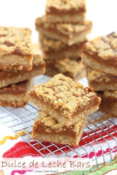 Dulce de leche bars recipe squares on a cooling rack