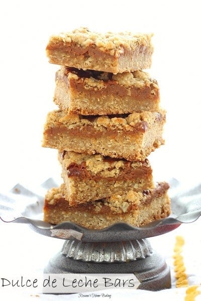 Dulce de leche bars recipe stacked on a metal serving dish