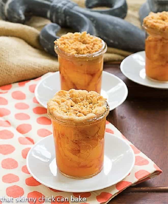 Peach Crisp in Jars on white saucers