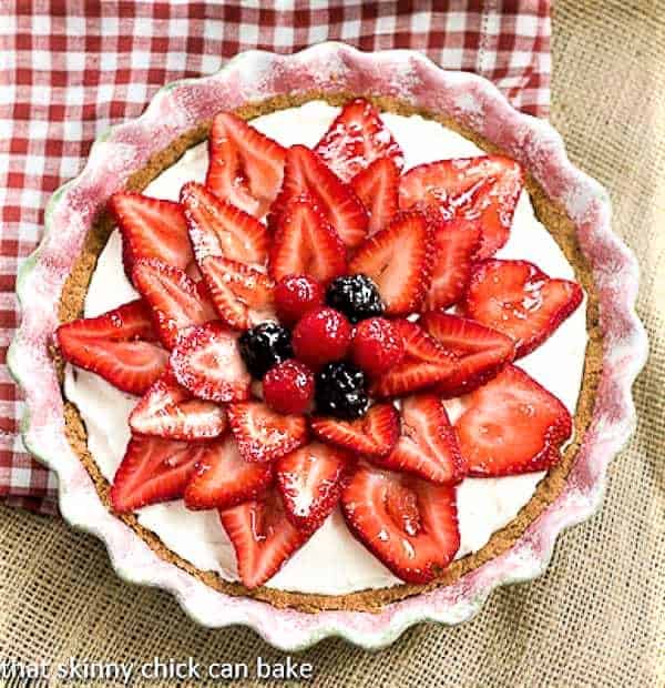 Strawberry Cream Cheese Dessert in a ceramic pie plate